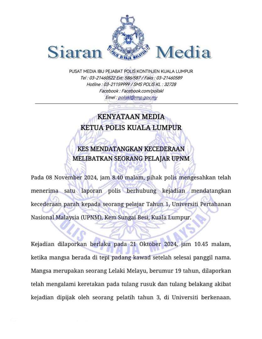 police statement: fractured ribs case at UPNM (November)