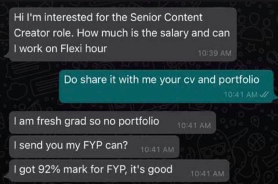"I send you my FYP, can?" Fresh grad's bizzare job application leaves heads shaking