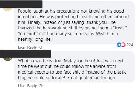 Uncle with absurd face shield generously treats frontliners to lunch after his jab