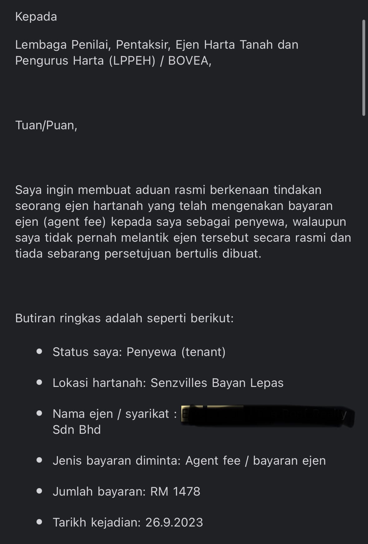  wk m’sian tenant successfully claims back rm . k after learning agent fee isn’t their responsibility. 