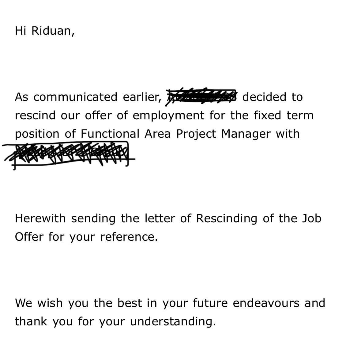  wk rescinding of the job offer 