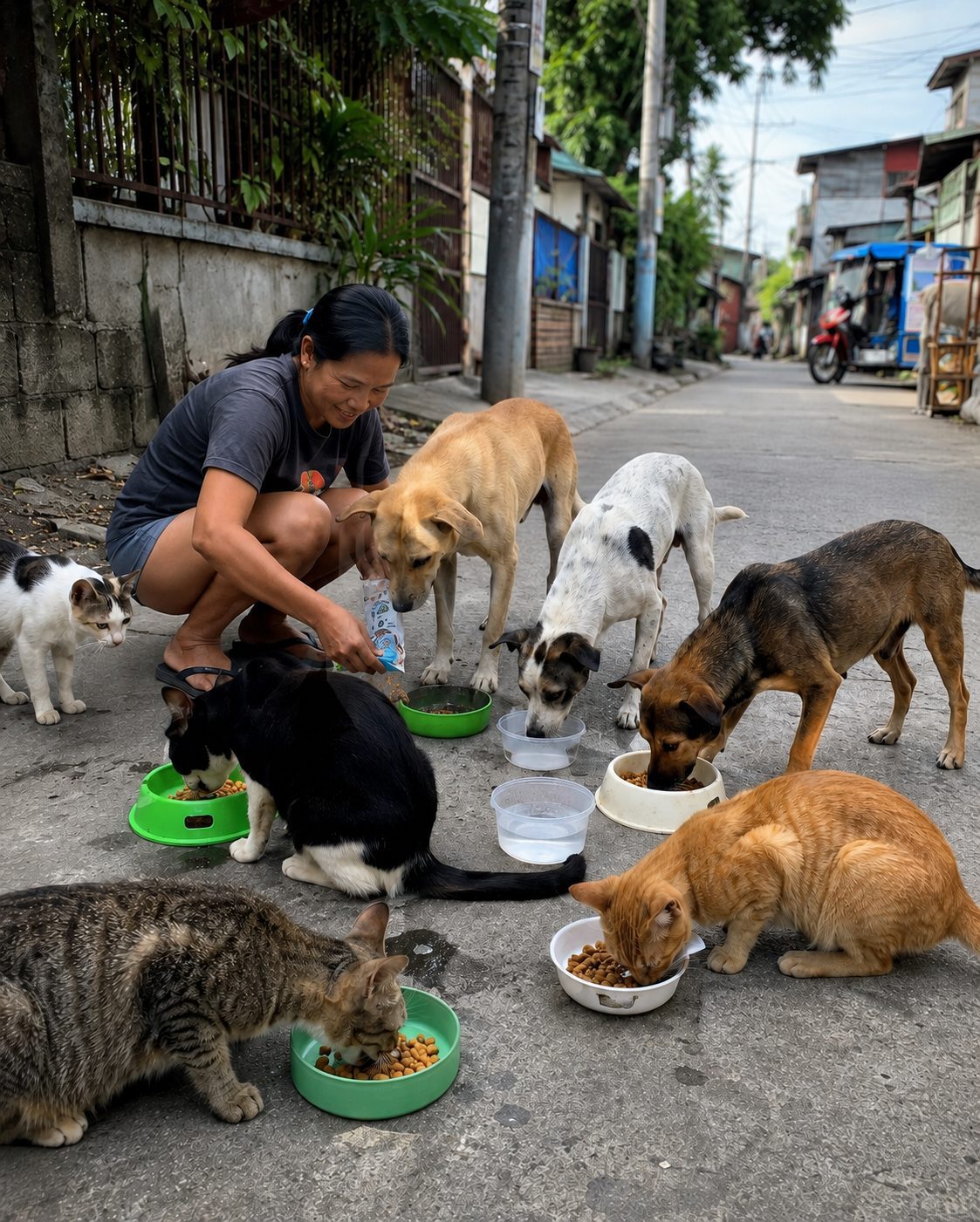 wk feeding pets in the neighborhood street