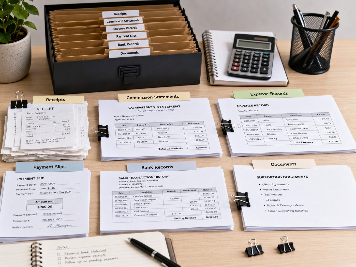  wk keeping receipts, commission statements, expense records, payment slips, bank records, and any documents 