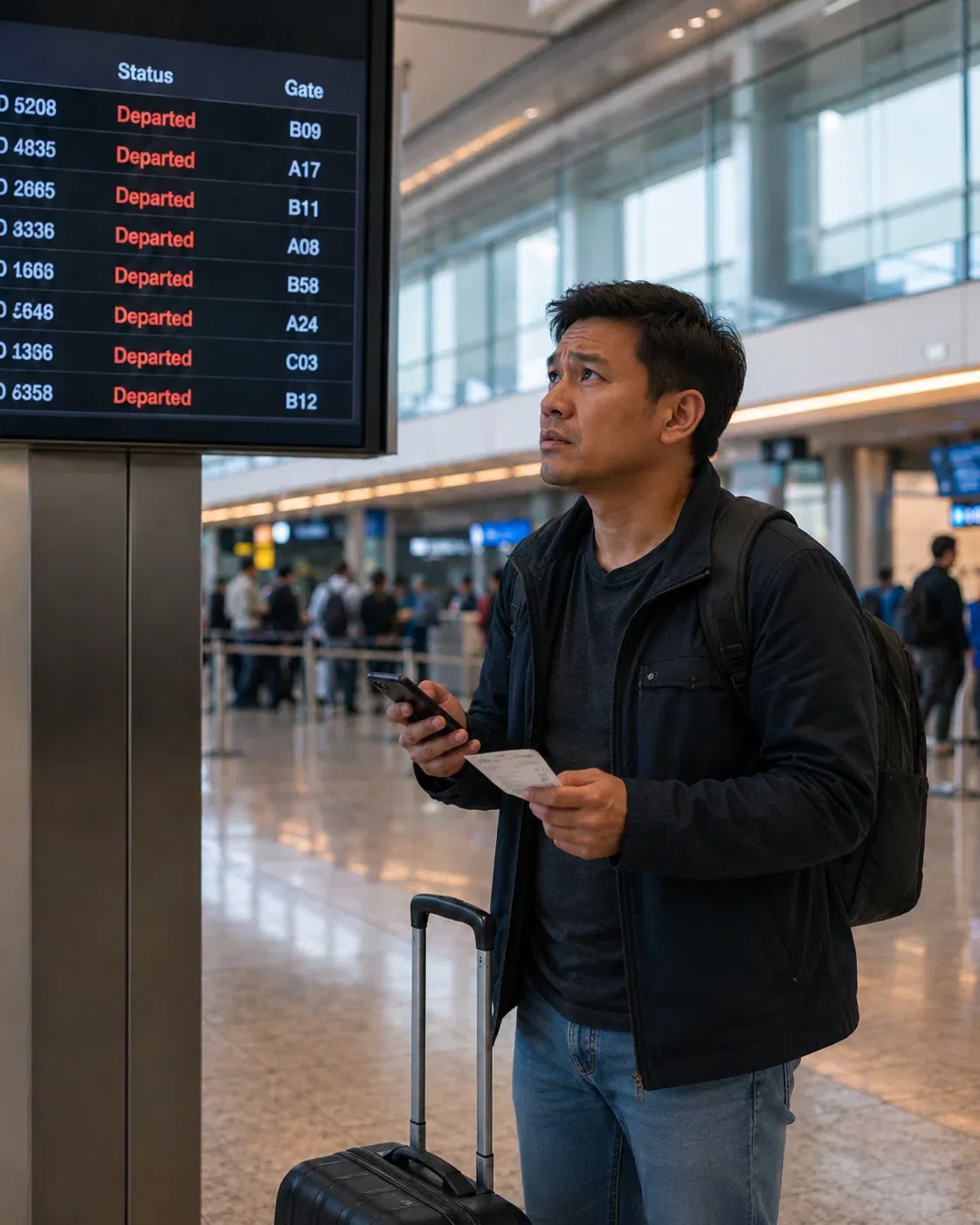  wk airport traveler checking departures board 