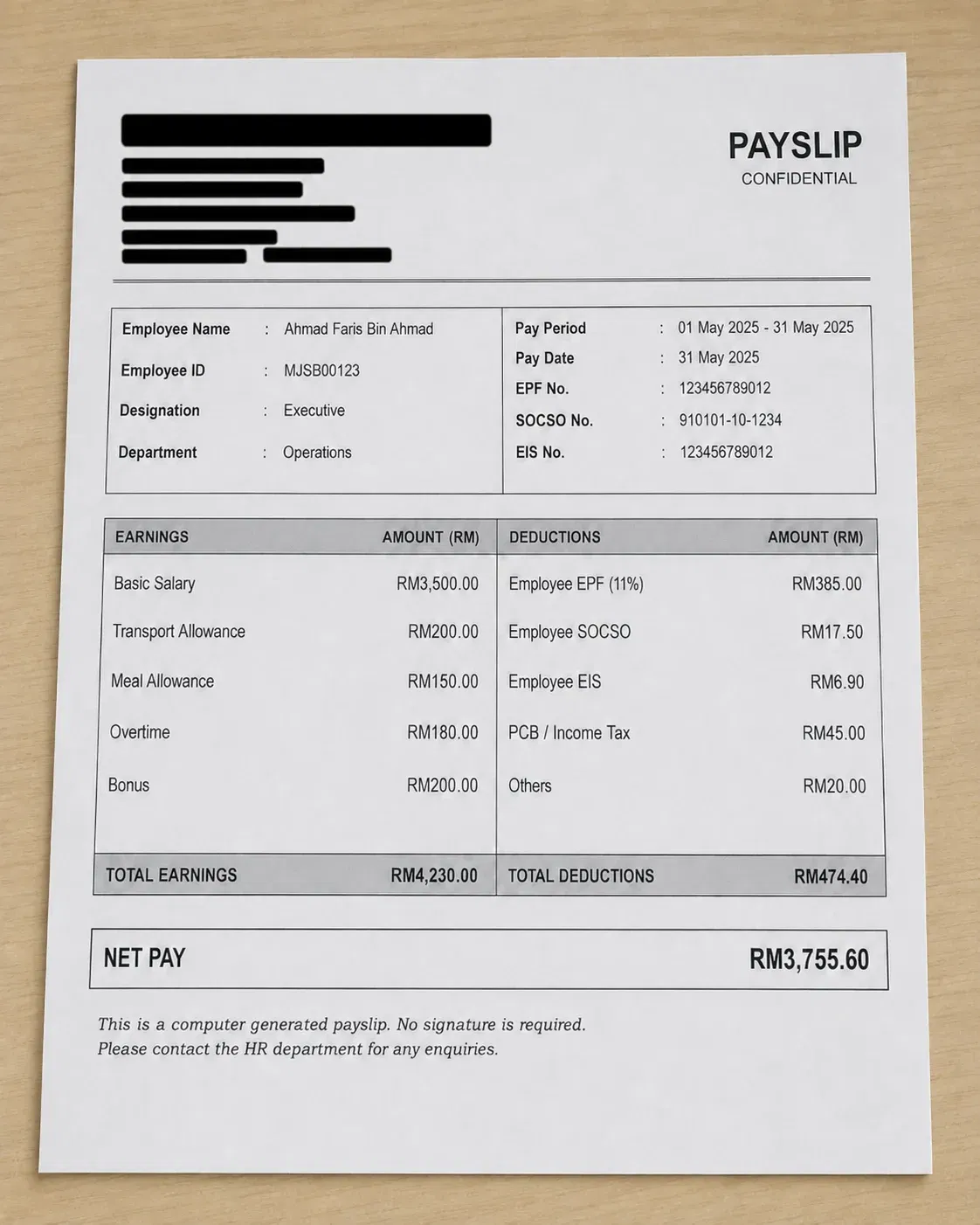  wk confidential payslip on wooden desk 