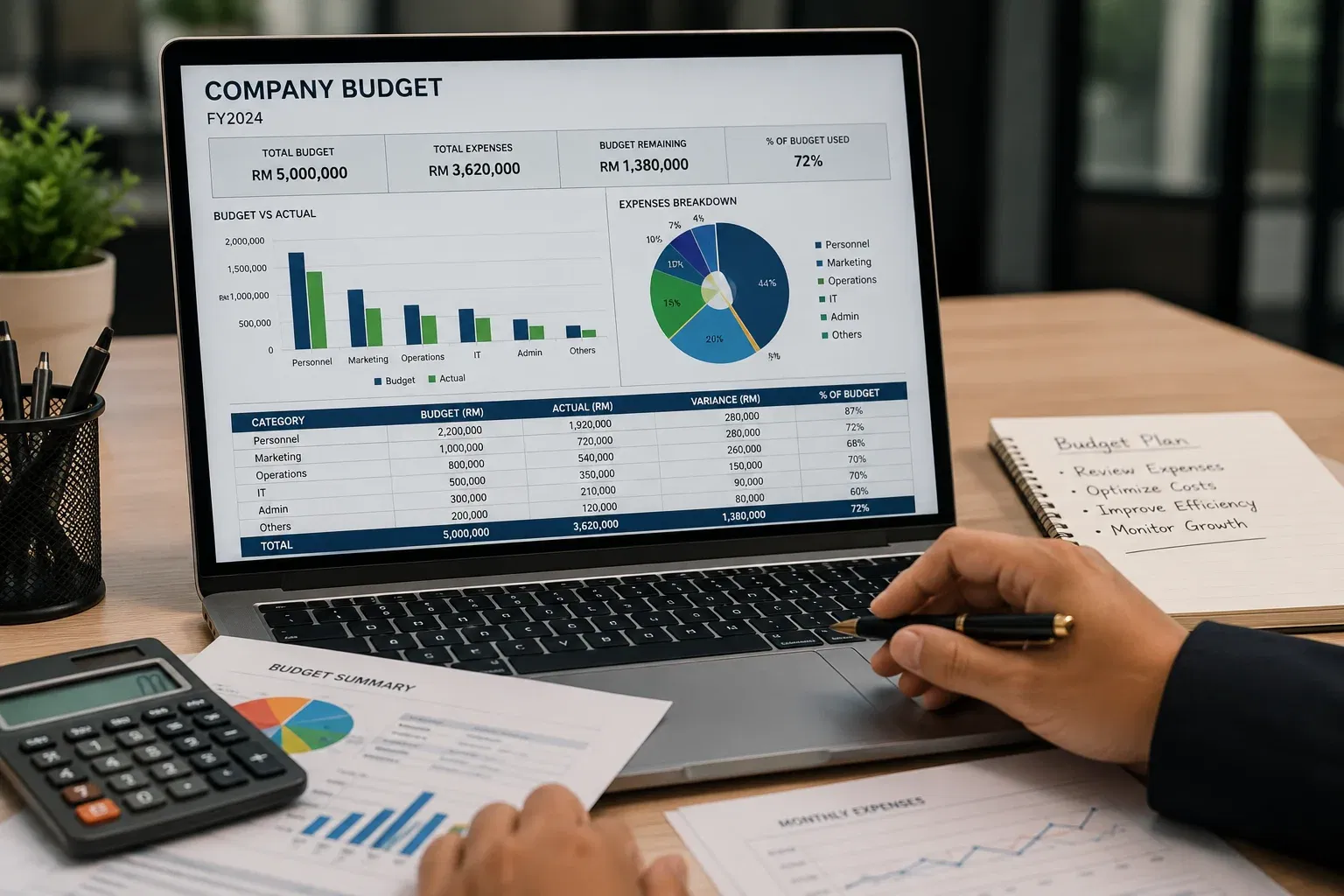  wk office workspace with budget dashboard details 
