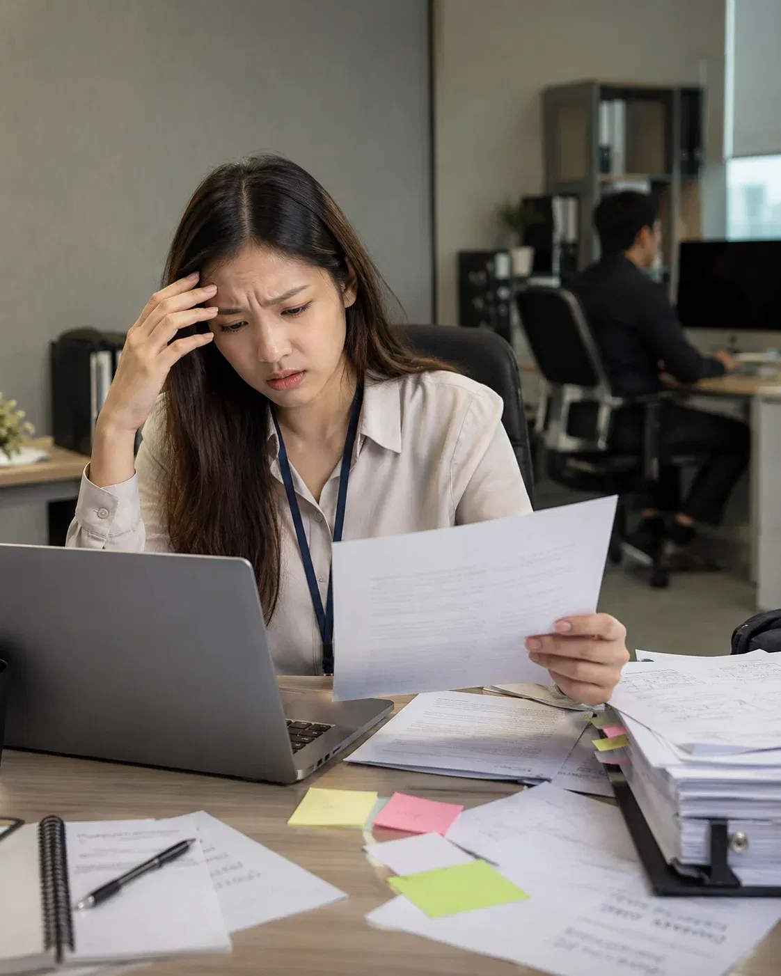 wk stressed office worker reviewing papers