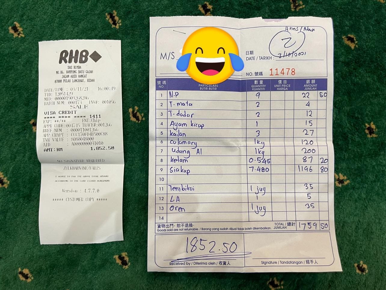 The receipt of the RM1196.80 Siakap Fish
