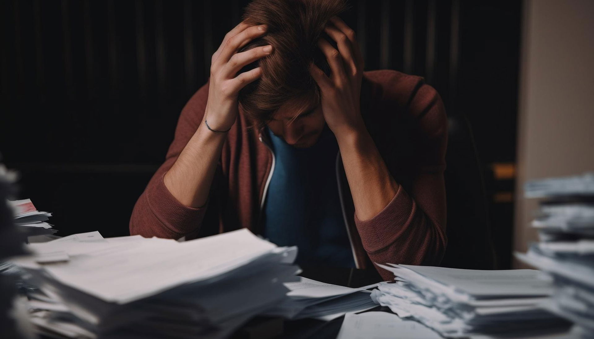 Stressed man sitting at his desk