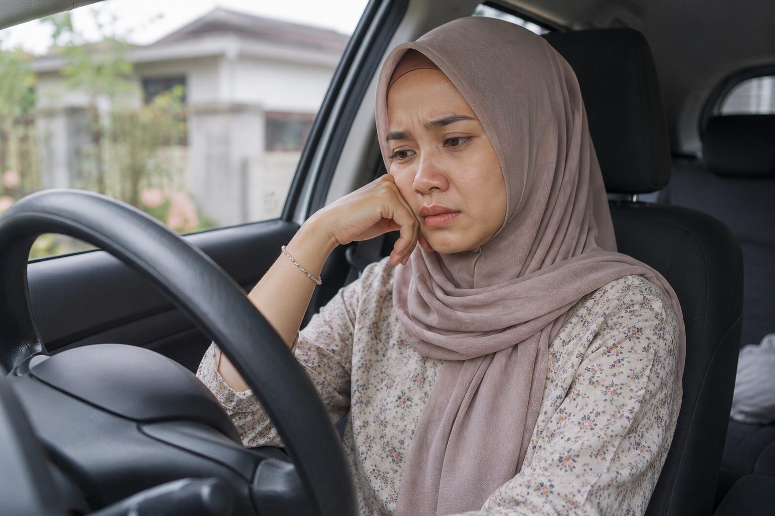 AI image of sad Malay woman inside car