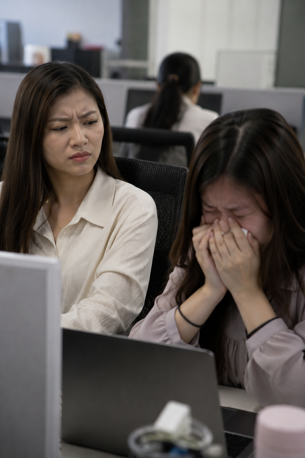 AI image of woman crying at work