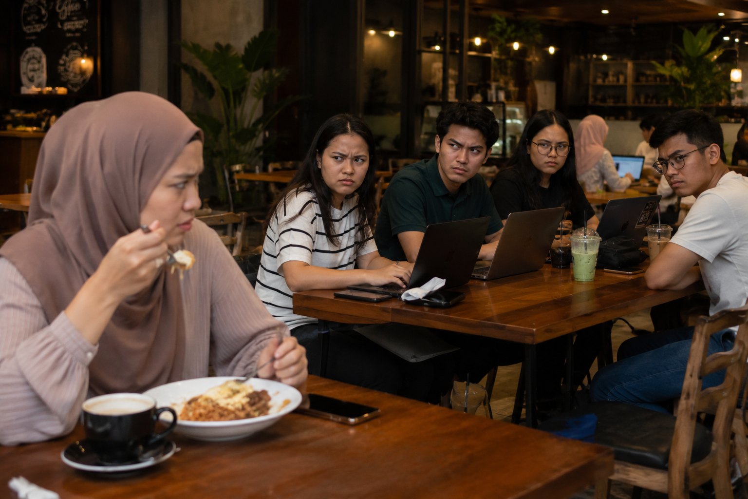 AI image of woman getting stares at cafe