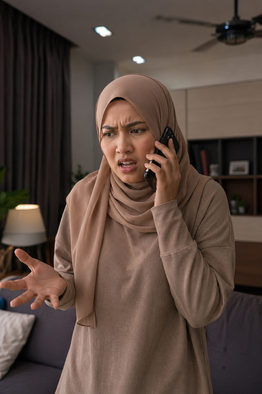 AI image of woman having tense phone call
