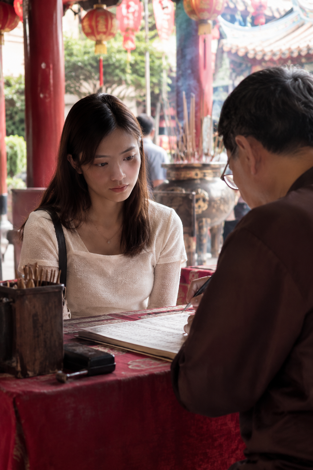AI image of woman seeing fortune teller at temple