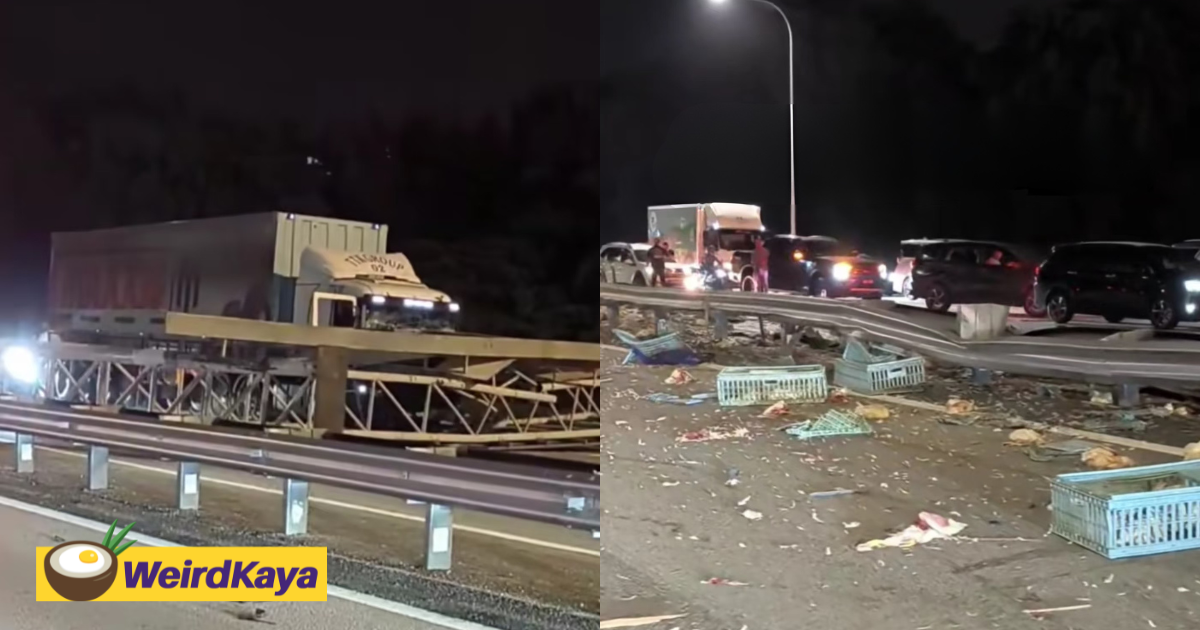 Chicken Lorry Crashes As Large Structure Collapses Across NKVE, Blocking All Northbound Lanes | WeirdKaya