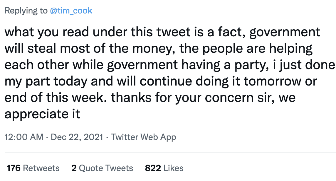 Dont donate to Malaysia, Tim Cook told