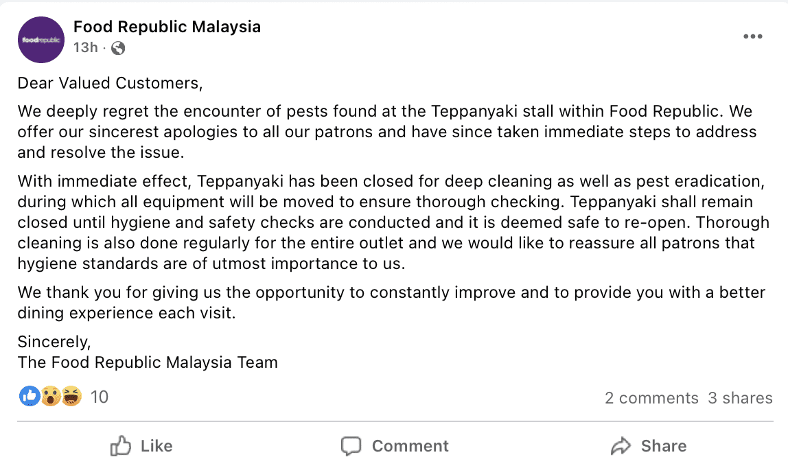 Food Republic Malaysia responds to rat issue in their teppanyaki stall