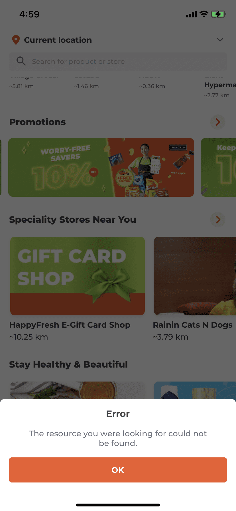 HappyFresh App showing error
