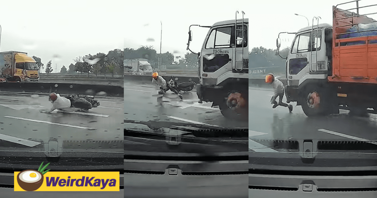 Motorcyclist saves himself from getting turned into pulp by oncoming truck