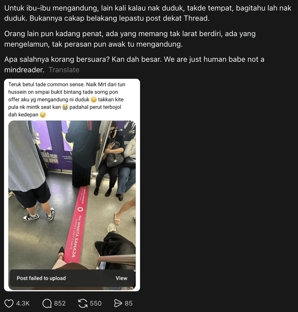 Pregnant M'sian Woman Upset That No One Gave Up MRT Seat, Netizens Tell Her To Open Up & Ask