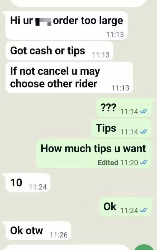 Rider threatens not to send order over tips (1)