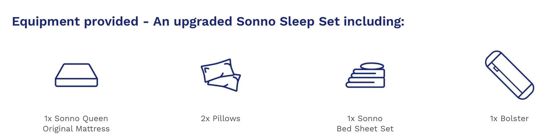 Equipment include 1 Queen Size Mattress, 2 pillows, 1 set bedsheet and 1 Bolster.
