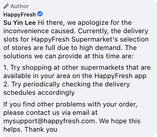 HappyFresh Facebook response