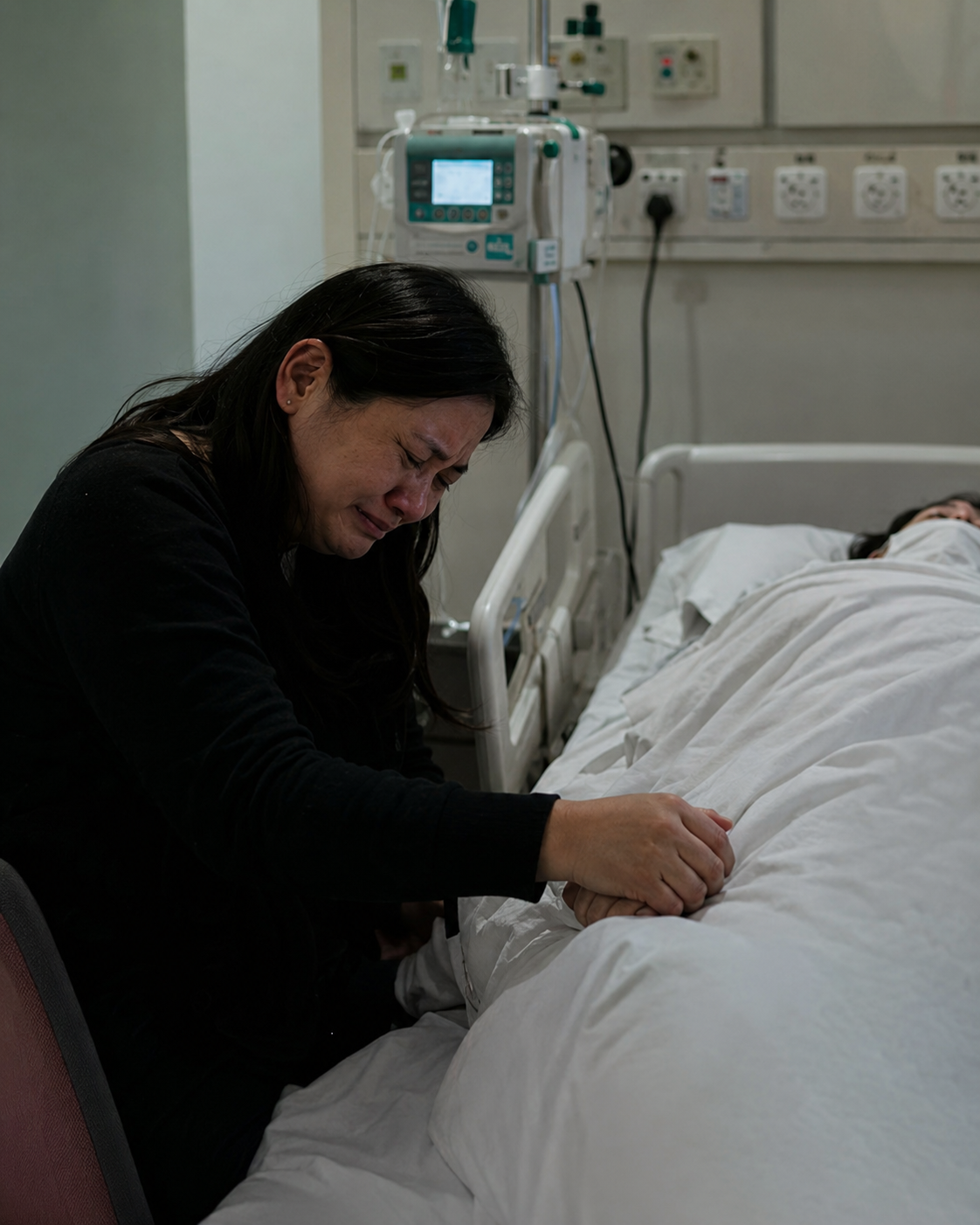 Tearful Vigil Beside the Hospital Bed