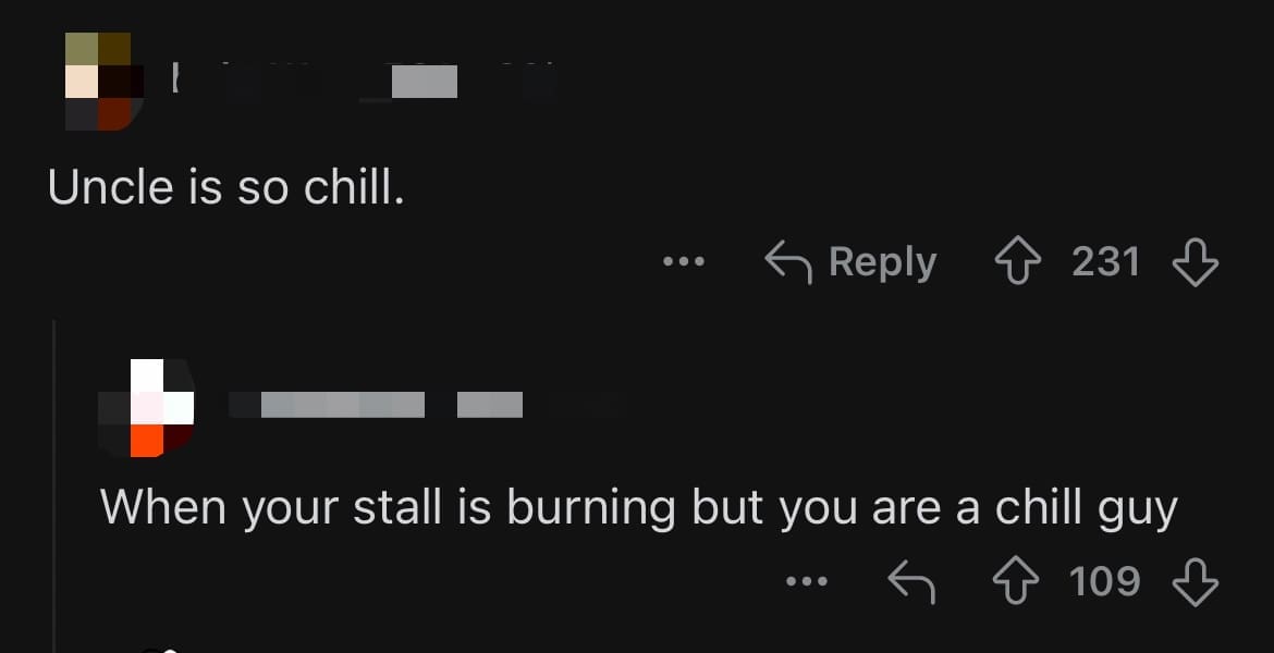 'This Is Fine' — Uncle Calmly Clears Stall As Fire Rages On At S'pore Food Court comment 1