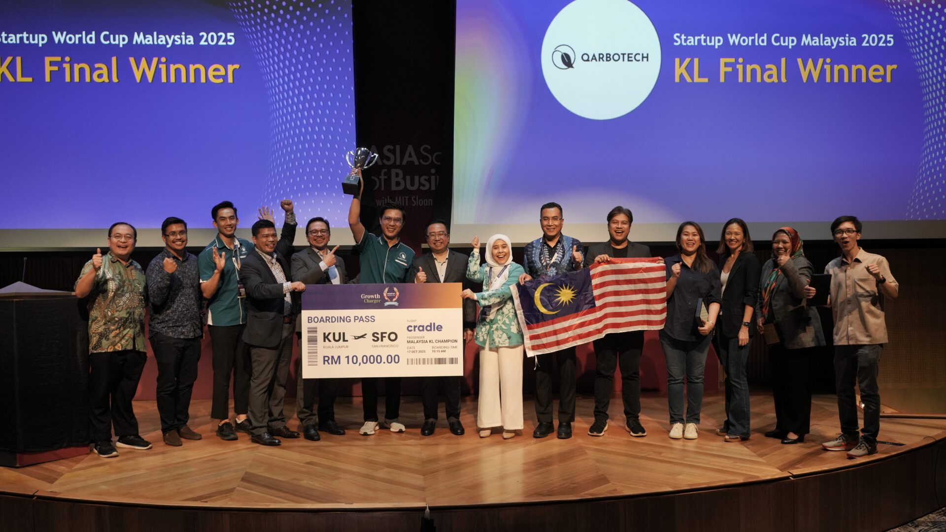 The judges and Qarbotech, winner of Startup World Cup Malaysia 2025 - KL Final with the judges at Asia School of Business, on 17 July 2025.
