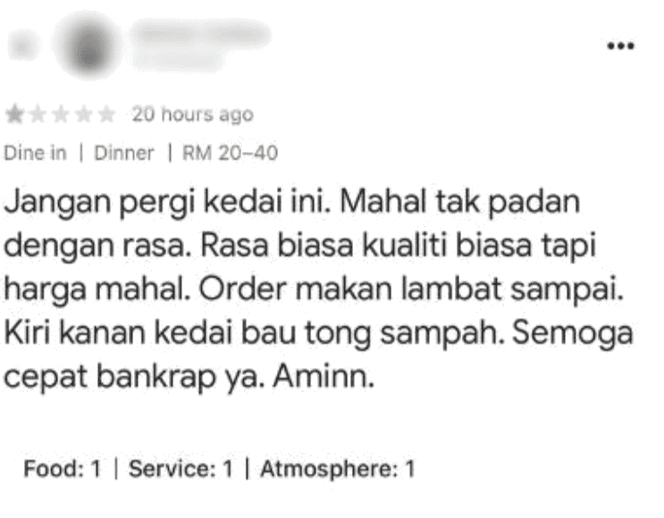 harsh google review restaurant in malaysia RM48.40 meal