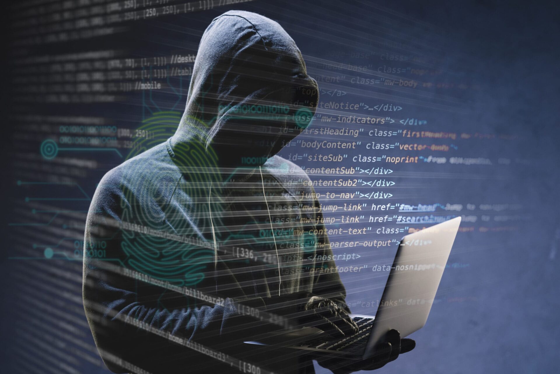 Scammer is holding his laptop.