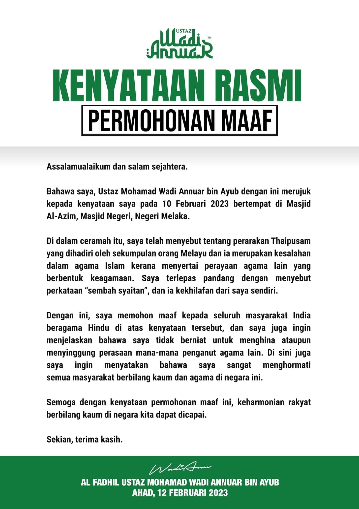 Ustaz Wadi Annuar's apology on Facebook