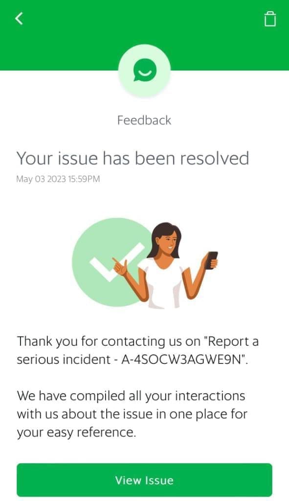 Grab shows that the issue has been resolved, though it wasn't