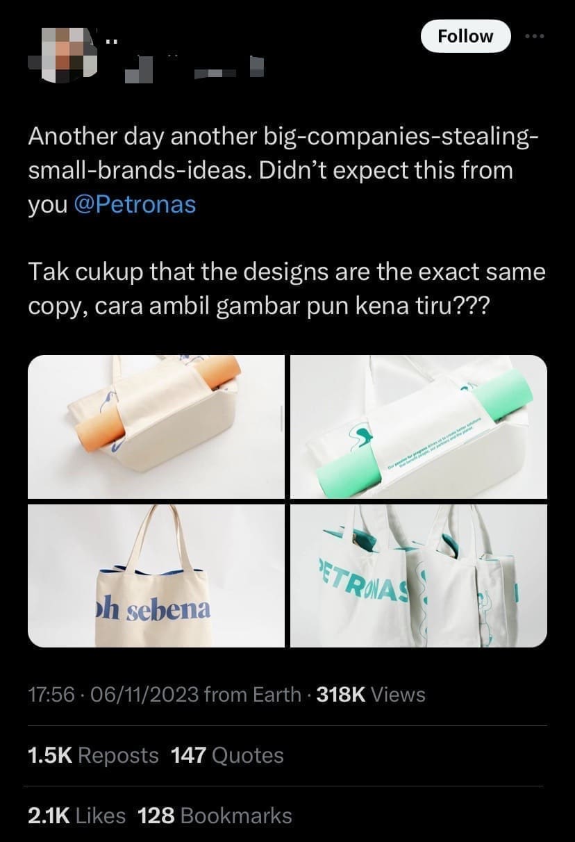 Petronas accused of copying local business' tote bag designs from Oh Sebenar