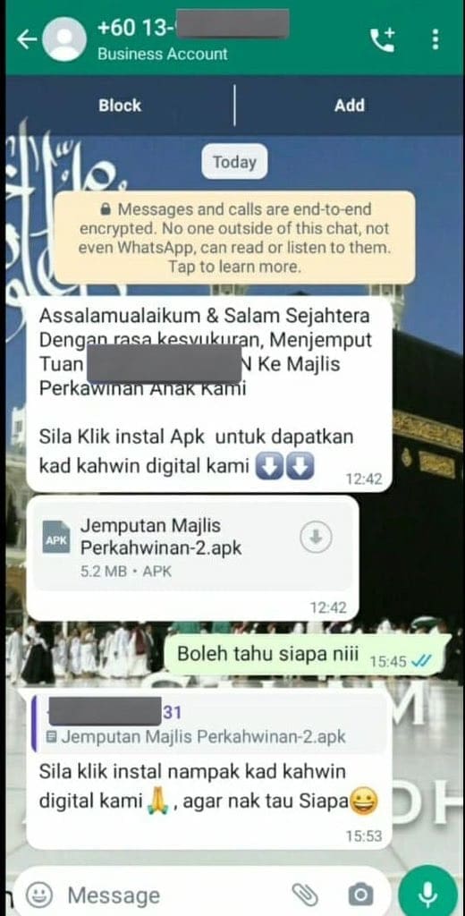 A screeshot of scammer sending text with APK link