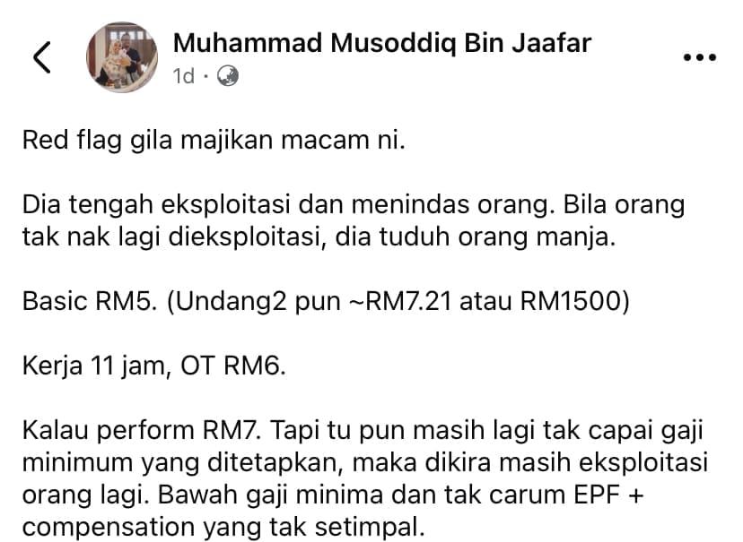 screenshot of the founder accused for paying RM5 per hour for her workers