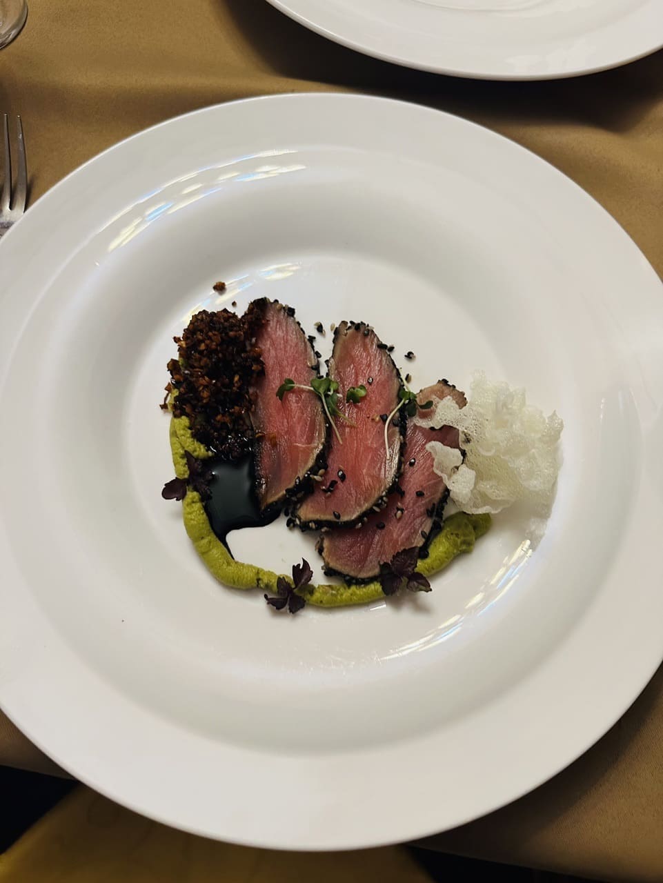 eared Tuna with Avocado Lime, Rice Crisp, and Peanut Rayu