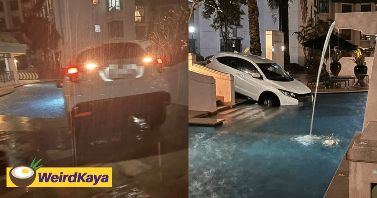 Carpooling Gone Wrong: E-Hailing Driver Accidentally Drives Into Swimming Pool Amid Heavy Downpour