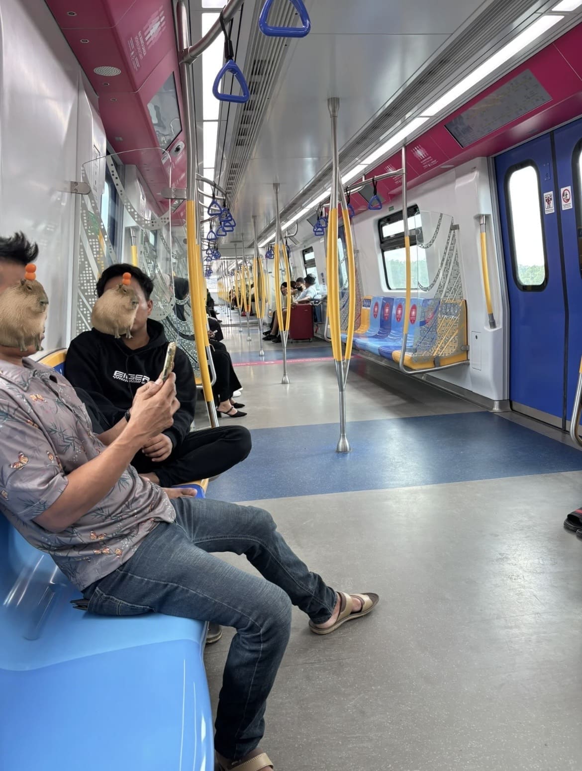 Men using handphone inside women's coach