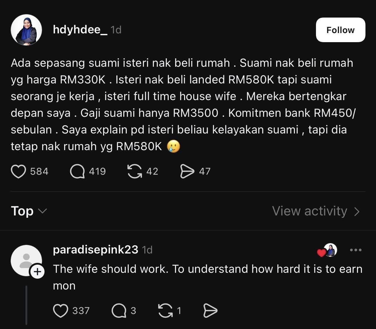 M’sian Woman Demands RM580k House Even After Learning Husband Earns Only RM3.5k