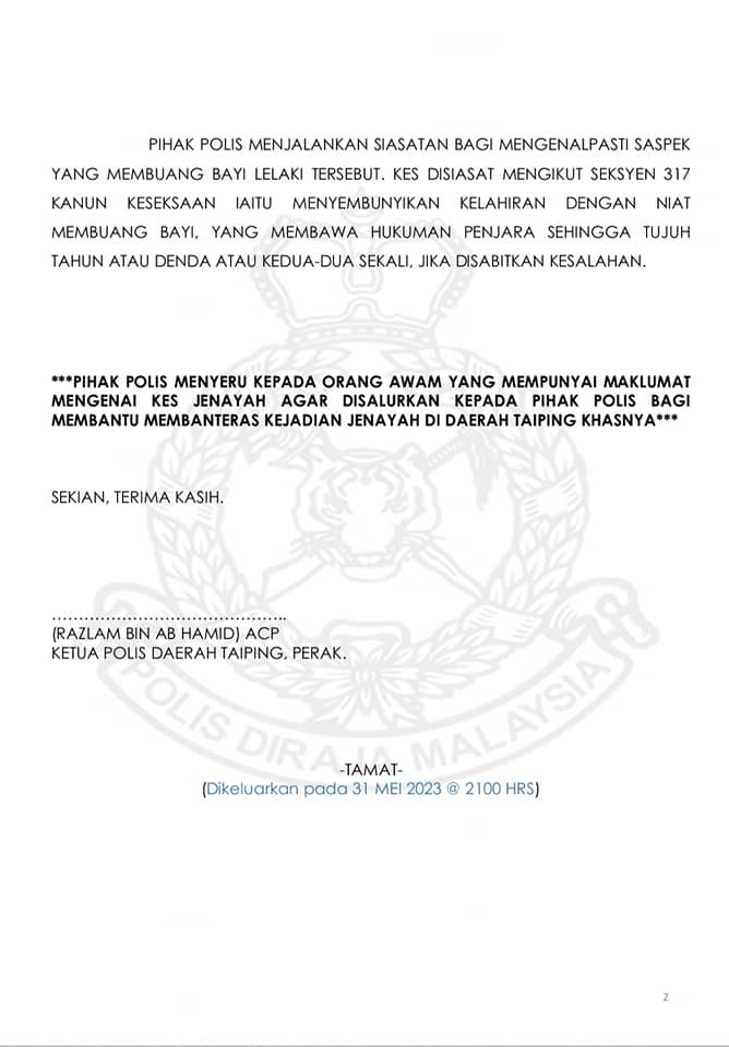 Newborn Baby Abandoned At Ipoh Bus Stop police statement 1