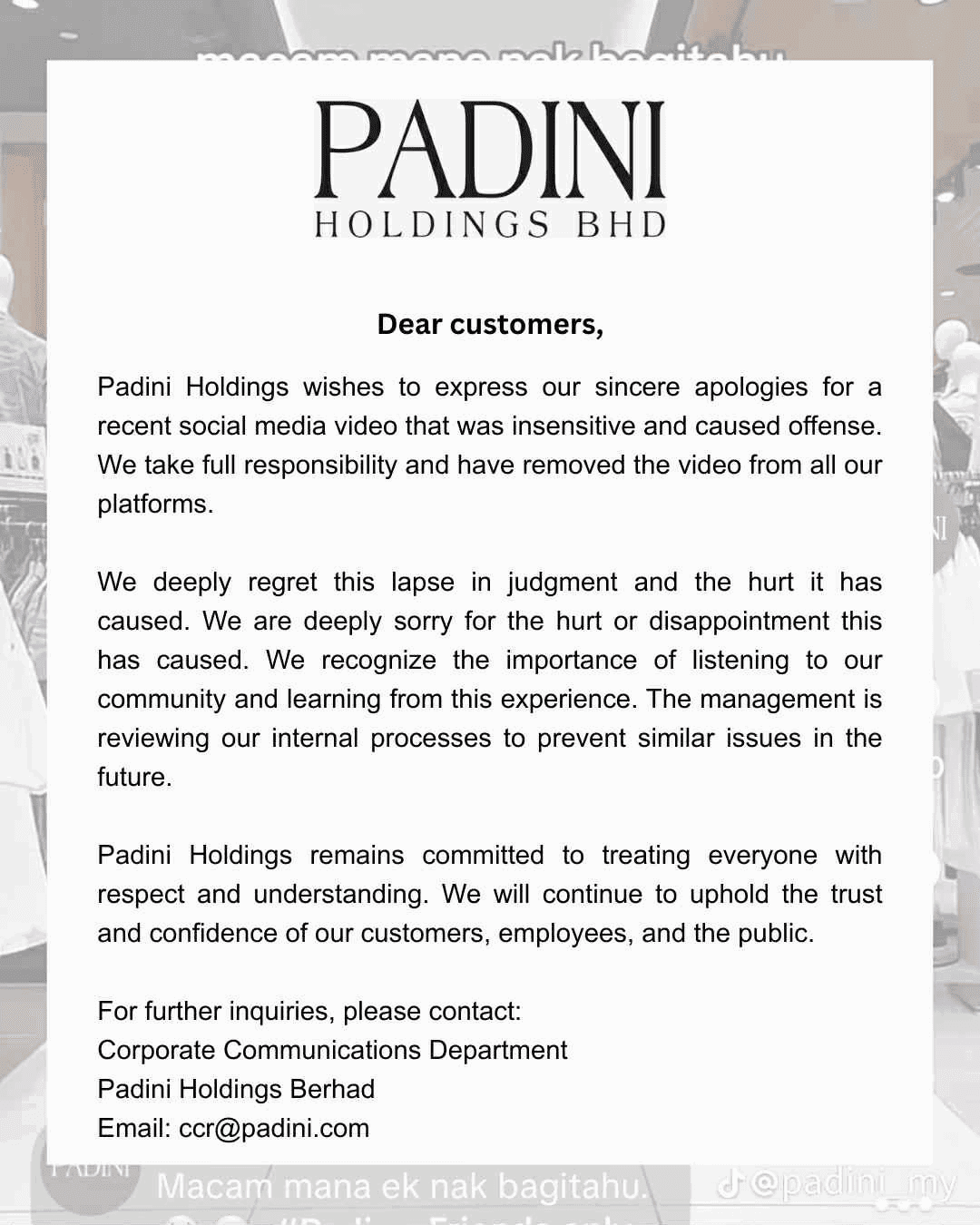 Padini apology statement