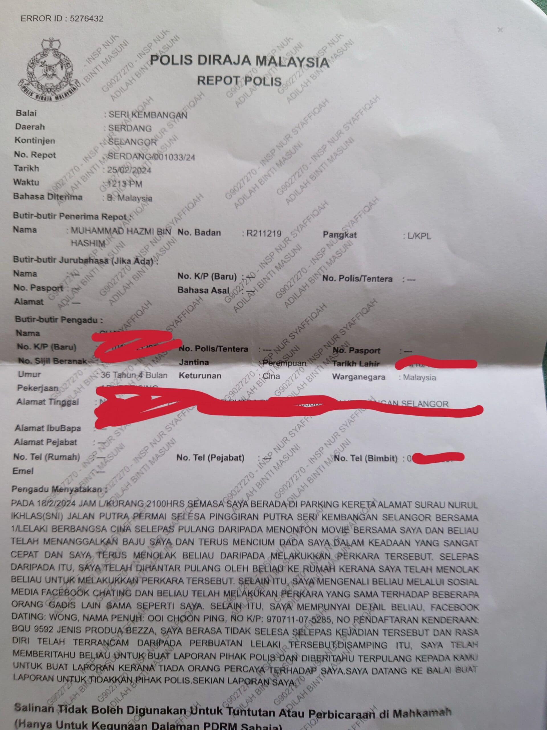 Police Report to Kelvin
