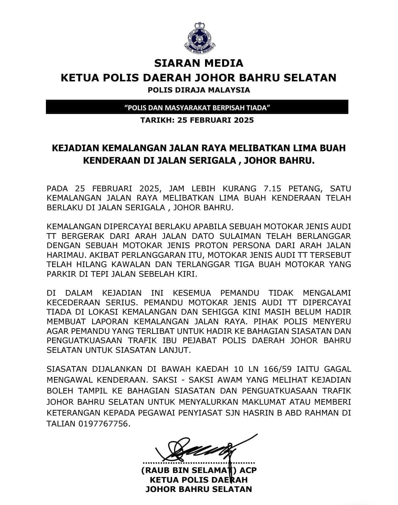 Police statement on JB crash