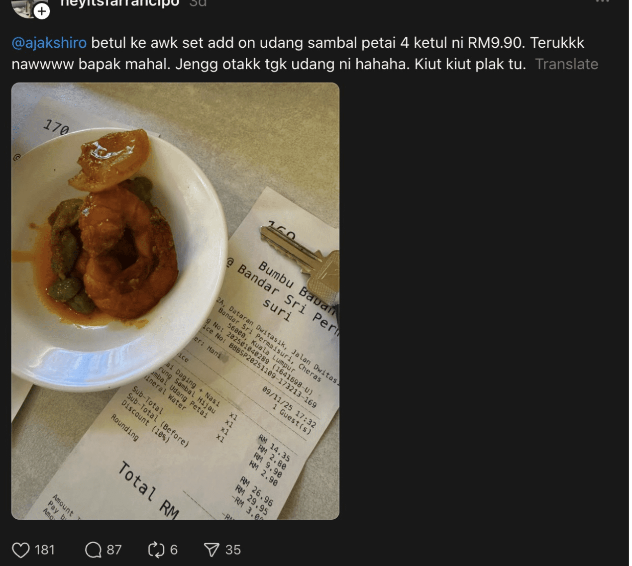 'RM9.90 For 4 Prawns Only?' — M’sian Complains About Sambal Udang Price, Gets Mixed Reactions