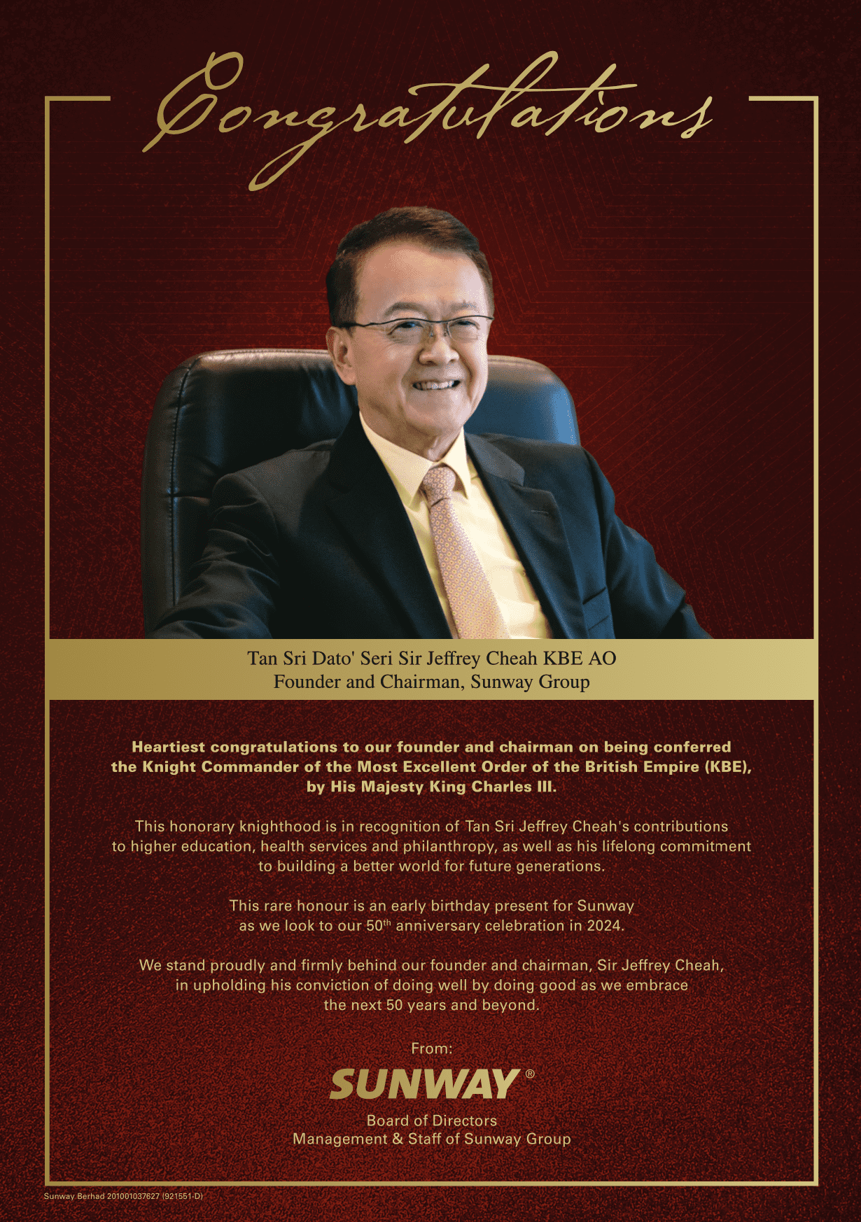 Tan Sri Dato’ Seri (Dr) Jeffrey Cheah Conferred Top UK Honorary Award Poster