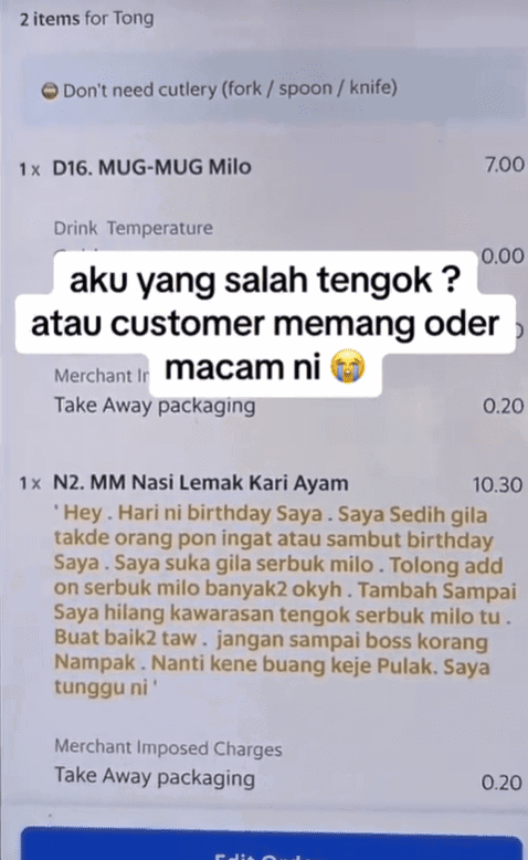 Customer asks for Milo powder to be put on nasi lemak