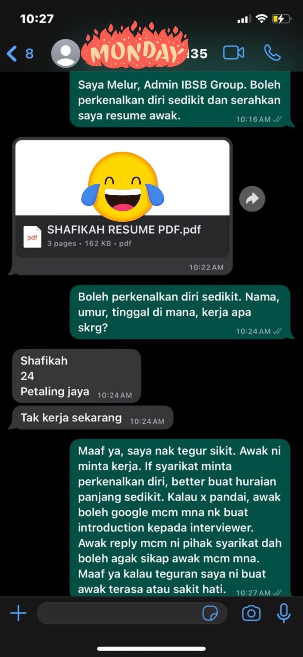 screenshot of a conversation between employer and interviewee 2