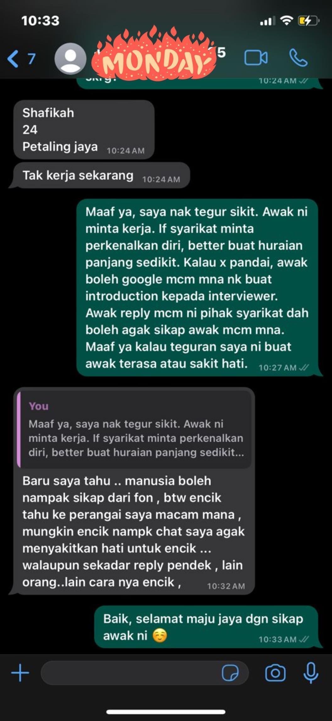 screenshot of a conversation between employer and interviewee